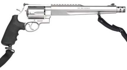 Silver revolver with black grip and attached strap