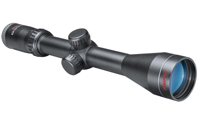 Black riflescope with red detailing on lens