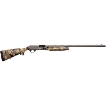 Camo-patterned hunting shotgun on white background