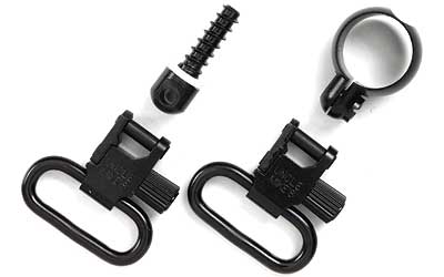 Assorted black tactical gear attachments on white background