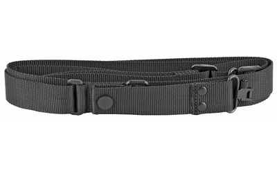 Black adjustable nylon tactical belt on white background