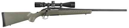 Olive green bolt-action rifle with scope.