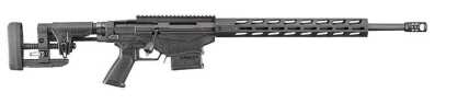 Black tactical rifle with long barrel and adjustable stock