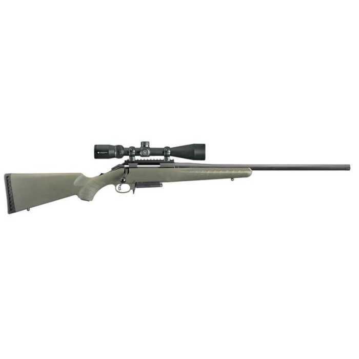 Bolt-action rifle with scope on white background