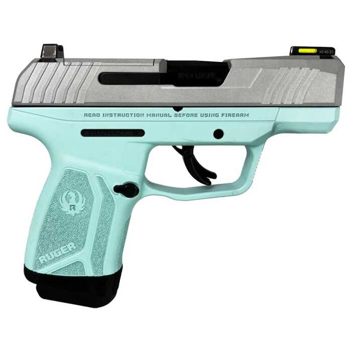 Turquoise handgun with safety instructions on slide