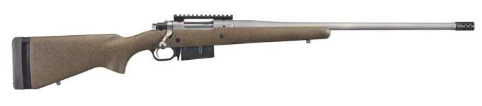 Modern bolt-action rifle with tan tactical stock