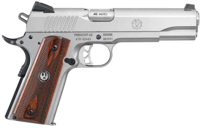 Silver Ruger SR1911 pistol with wooden grip