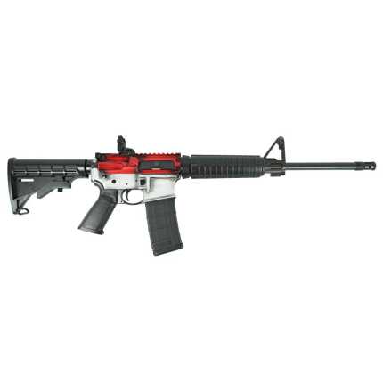 Red and black assault rifle on white background