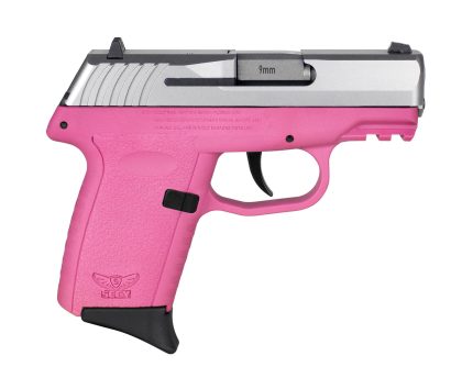 Pink 9mm handgun isolated on white background