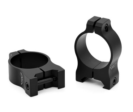 Two black scope mounting rings on white background.