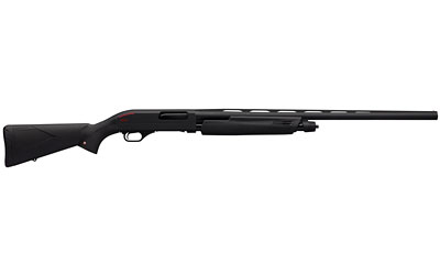 Black pump-action shotgun on white background