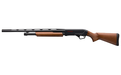 Side view of modern over-under shotgun with wooden stock