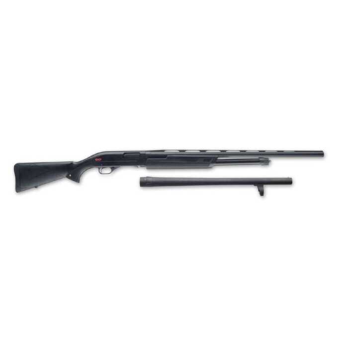 Black pump-action shotgun with accessories isolated on white