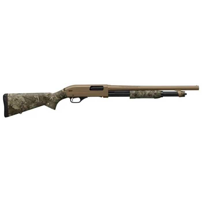 Camouflage hunting shotgun on white background