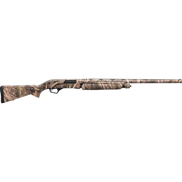 Camo-patterned hunting shotgun side view