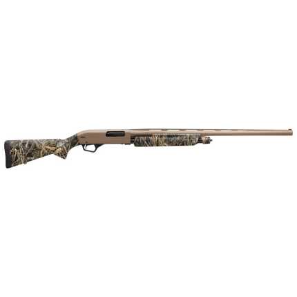 Camouflage hunting shotgun with beige barrel