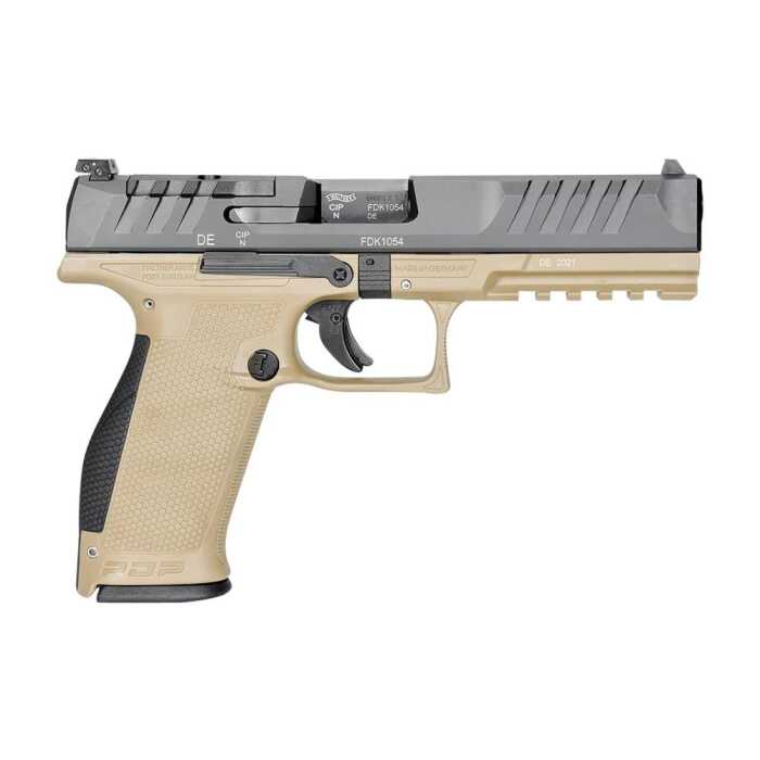 Tan and gray modern handgun isolated on white