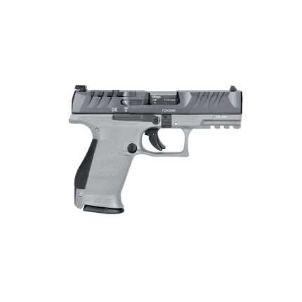 Gray semi-automatic pistol on white background