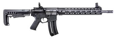 Black tactical rifle with extended barrel and magazine