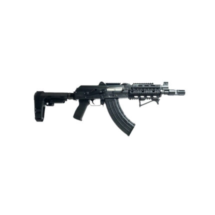 Black tactical assault rifle on white background