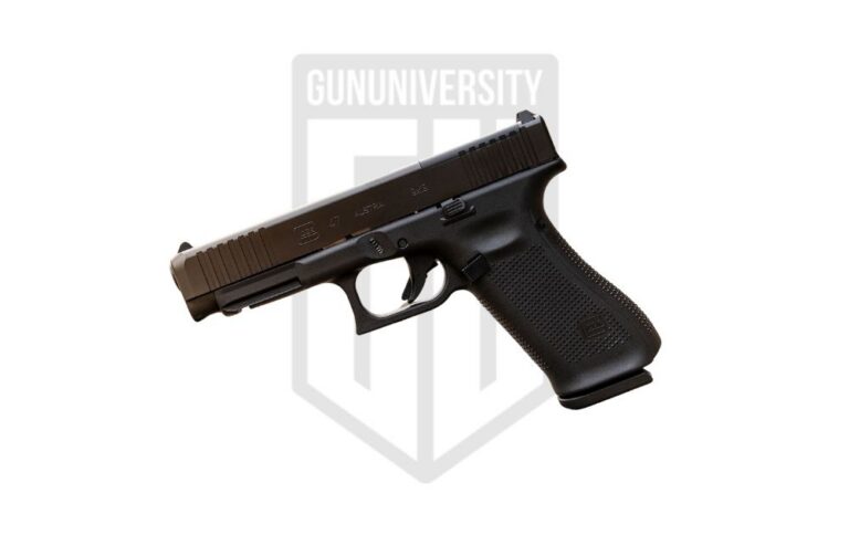 Glock 47 semi-automatic pistol on shooting range bench