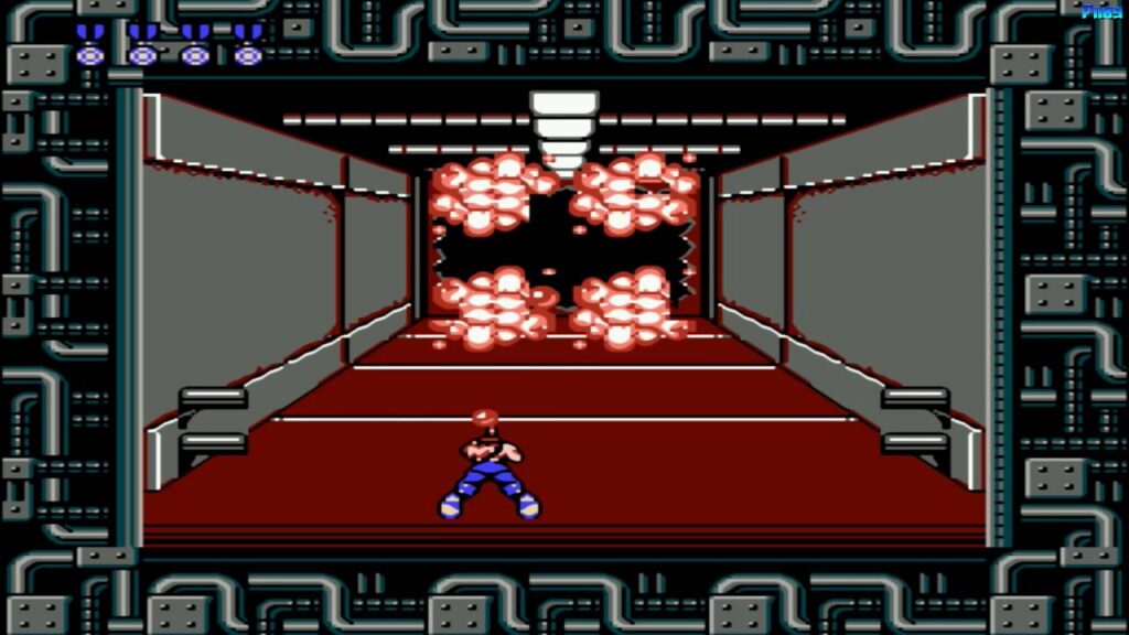 Screenshot of the classic NES game Contra showing a player character firing a weapon