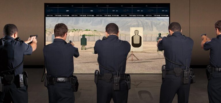 Person wearing VR headset interacting with a virtual firearm in a digital world environment