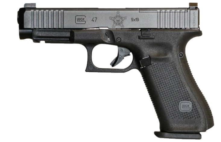 A photo of a Glock 47 pistol with a cityscape in the background, symbolizing the impact of new firearm releases on the industry.