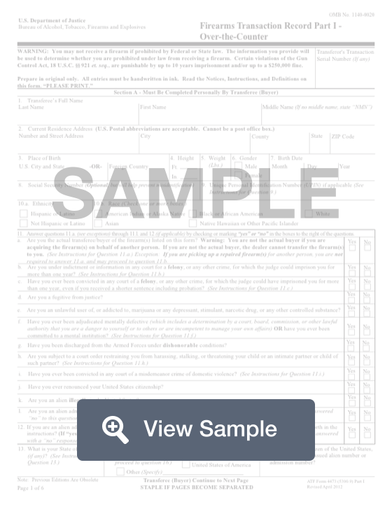 Close-up of a completed ATF Form 4473 firearm transaction record.