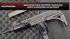 Close-up of a sealed shipping box with a warning label indicating firearms contents