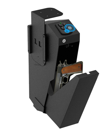 A modern handgun stored inside a quick-access biometric firearm safe safe