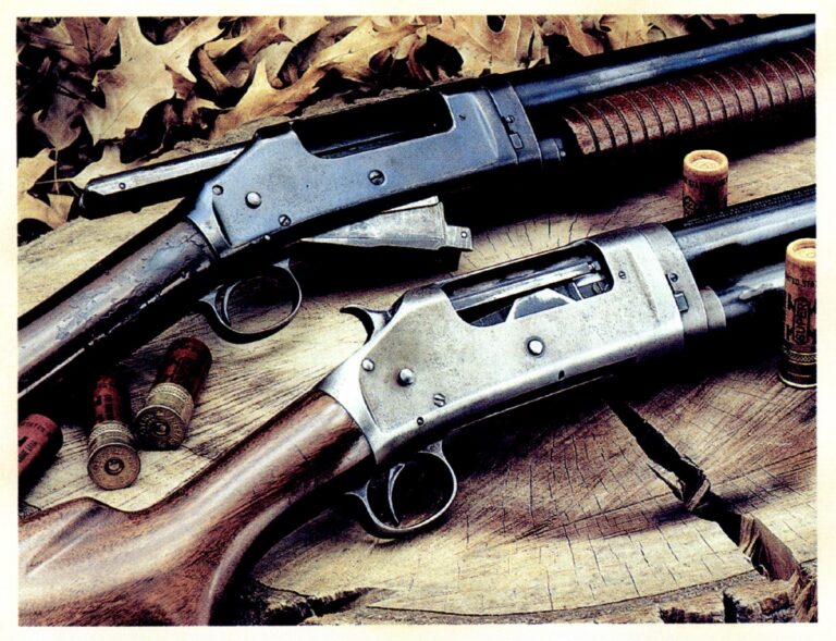 Vintage American side-by-side double shotgun resting on a wooden surface