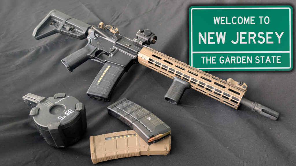 A variety of semiautomatic rifles and magazines displayed at a store