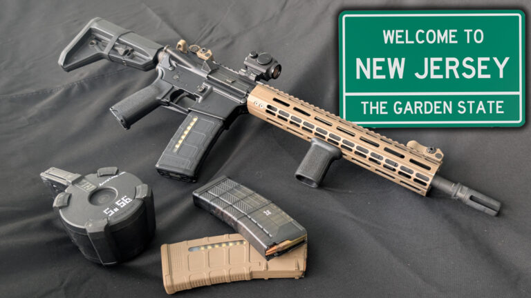 A variety of semiautomatic rifles and magazines displayed at a store