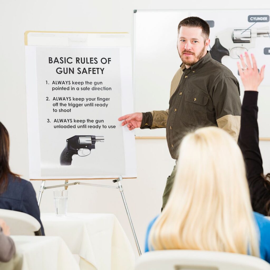 An instructor demonstrating a concealed carry draw stroke at a shooting range