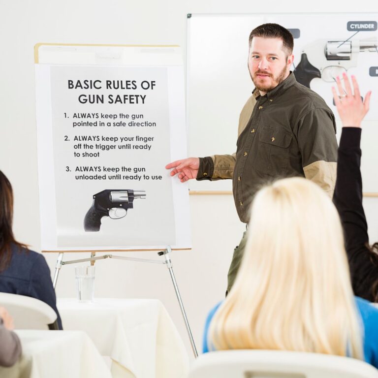 An instructor demonstrating a concealed carry draw stroke at a shooting range
