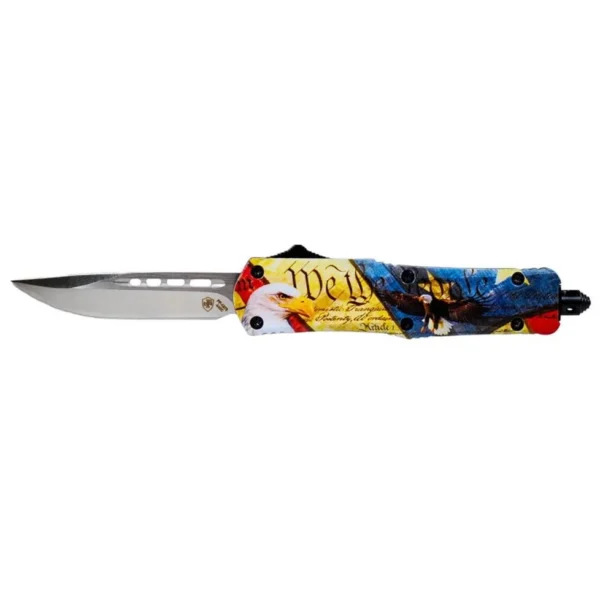 Templar Knife Small Eagle Knife, open side view with silver blade and eagle graphic handle