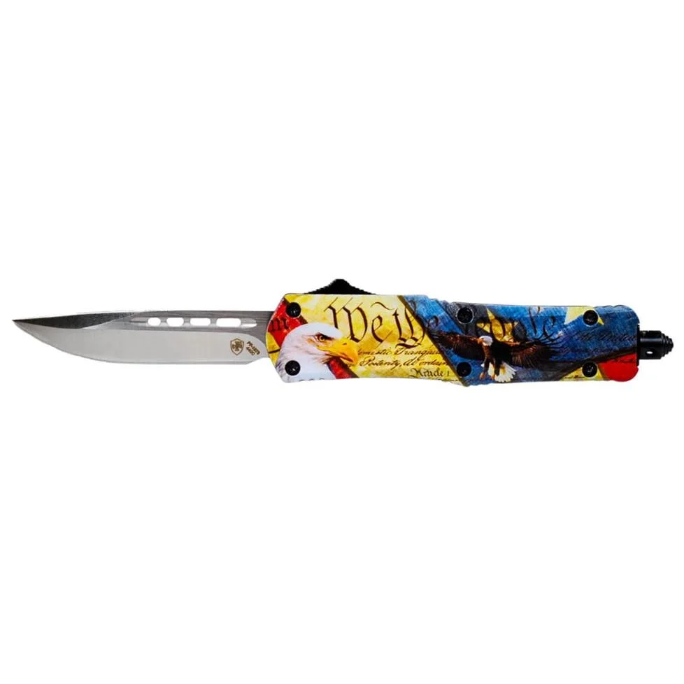 093674806030-primary Templar Knife Small Eagle Knife, open side view with silver blade and eagle graphic handle