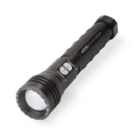 Police Security Flashlights Long Throw LED Flashlight, angled view in black with side buttons