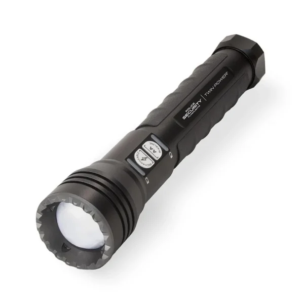 Police Security Flashlights Long Throw LED Flashlight, angled view in black with side buttons