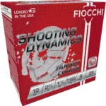 Fiocchi Exacta Light Shooting Dynamics Shotshells, red and white ammunition box angled left