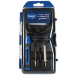 DAC Technologies 12-Piece Rifle Cleaning Kit, black and blue tools in clear pack, front view