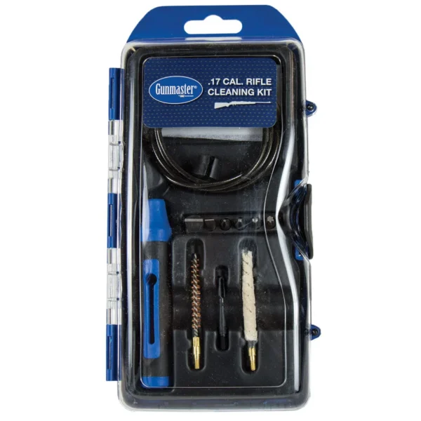DAC Technologies 12-Piece Rifle Cleaning Kit, black and blue tools in clear pack, front view