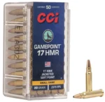CCI .17 HMR GamePoint ammunition, clear 50-round box with two cartridges displayed in front