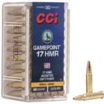 CCI .17 HMR GamePoint ammunition, clear 50-round box with two cartridges displayed in front