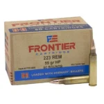 Hornady Frontier Rifle Ammunition, tan box with three brass cartridges displayed in front
