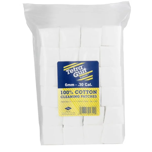 Tetra Pro Smith Cleaning Patches, clear bag of white square patches with blue and yellow label