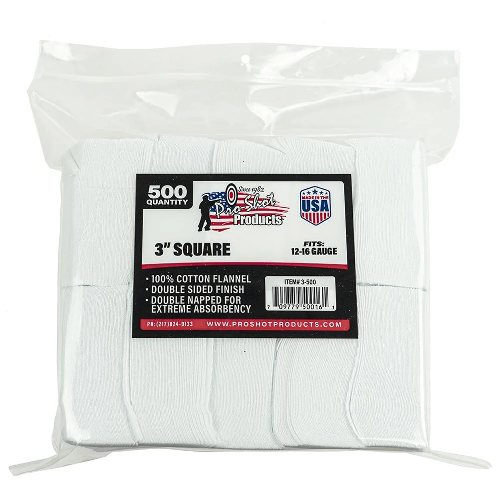 3-square-100-cotton-gun-cleaning-patches-primary Pro-Shot 3 Inch Square Cotton Patches, front view of clear bag filled with white patches