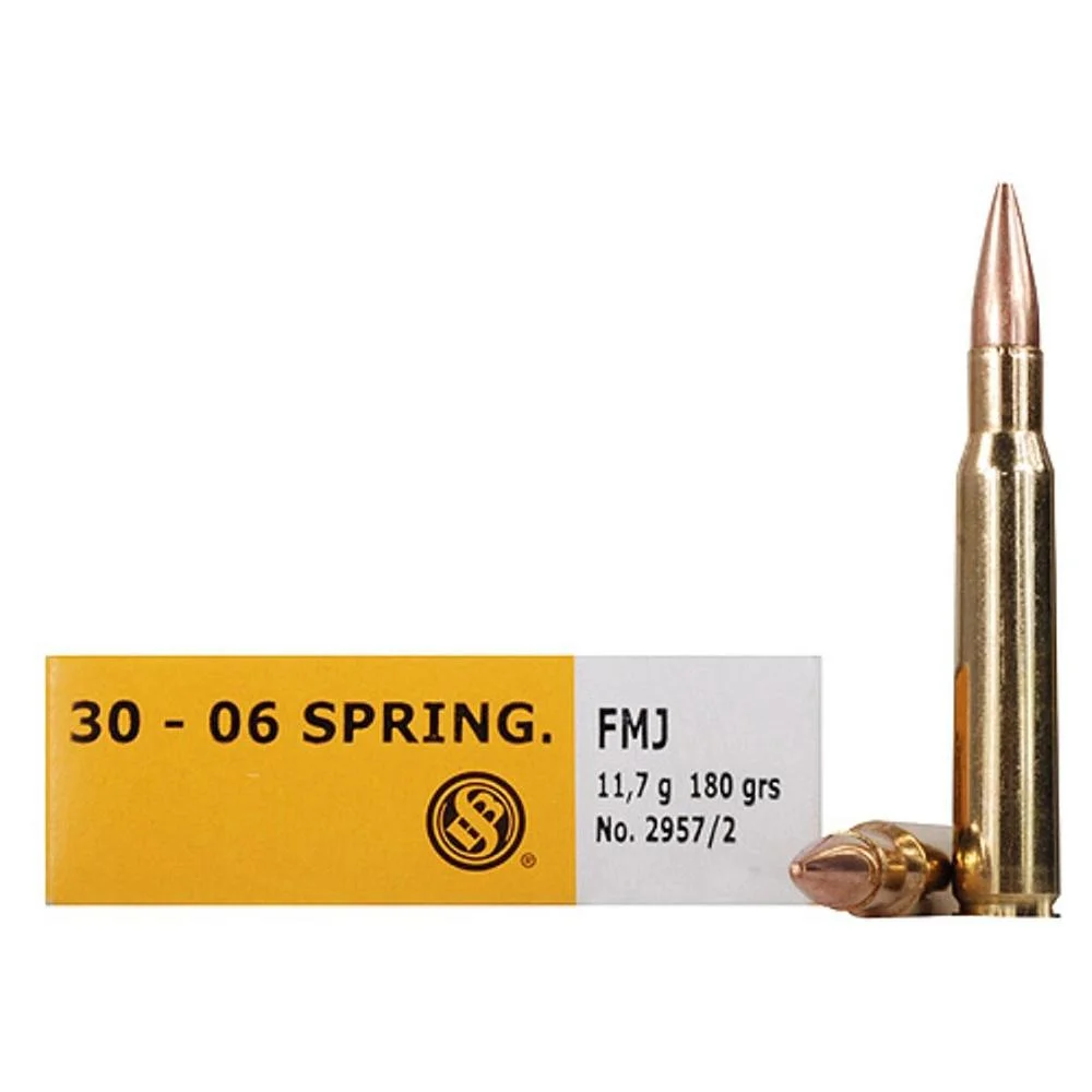 30-06-sprg-180-gr-fmj-rifle-ammo-primary Sellier & Bellot Rifle Ammunition, yellow and white box with brass cartridges