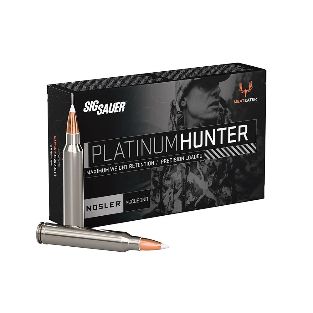 300-win-mag-180gr-accubond-rifle-ammo-primary Sig Sauer Platinum Hunter Accubond rifle ammunition box with two cartridges in front